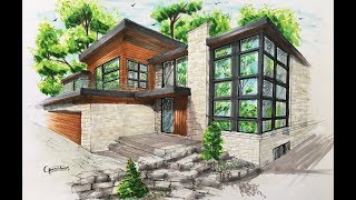 How to draw an Architectural sketching of house with markers Como hacer un Bosquejo arquitectónico [upl. by Coveney]