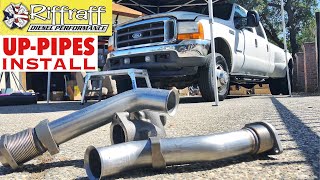 2001 F350 73  RiffRaff UpPipes Install  Stock up pipes leaking and falling apart JUNK SP [upl. by Gurias939]