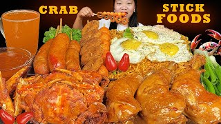 Stick Food Mukbang  Eating Super Spicy Noodles  Chicken Adobo  Fried Crab  Fish Ball  Sausages [upl. by Essenaj927]